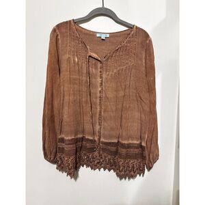 She + Sky Brown Boho Button Front Blouse Lace Hem Peasant Top Women’s Small